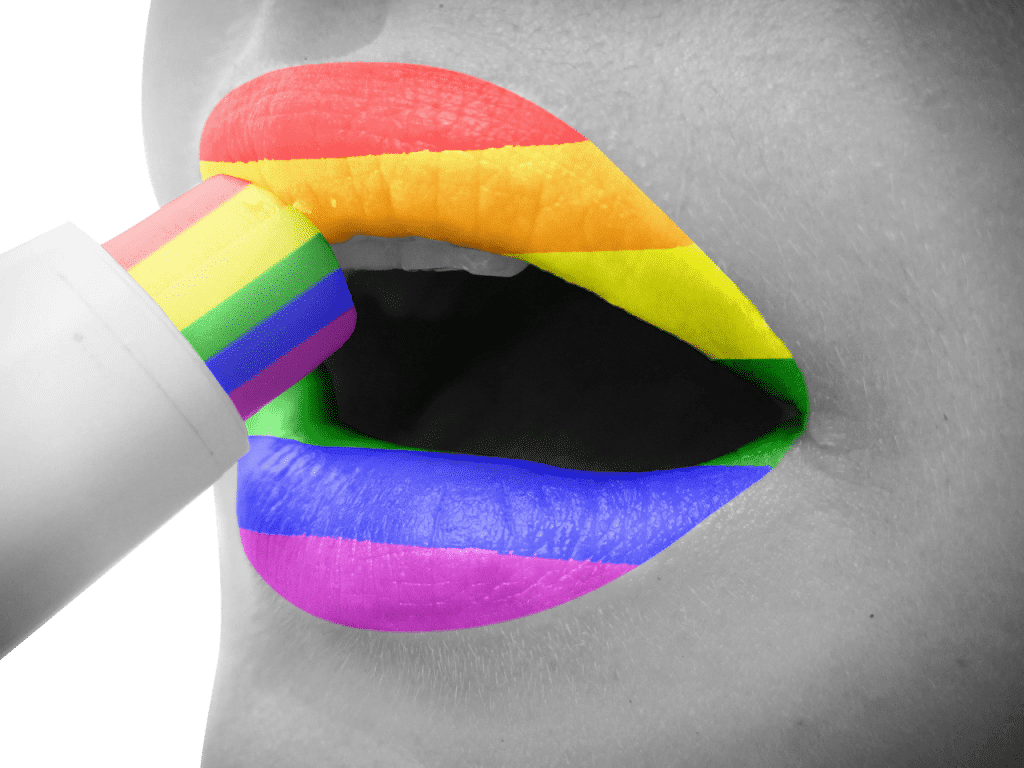 Frau Malt Sich Als Zeichen Von Bisexualität Die Lippen In Verschiedenen Farben An